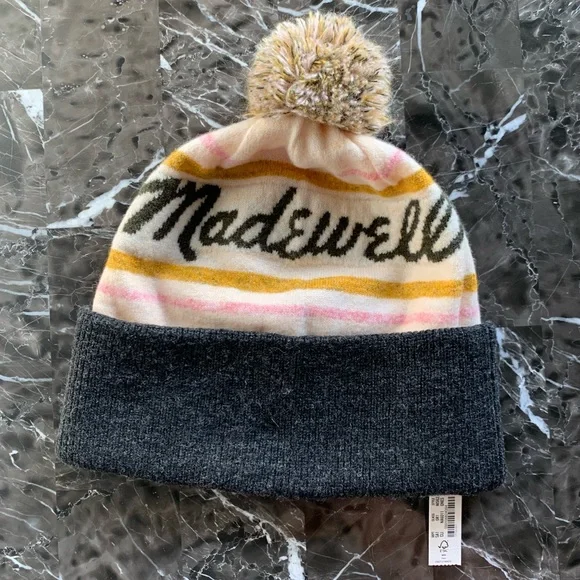 New Madewell Beanie Pom Pom Spellout Gray - Picture 6 of 7